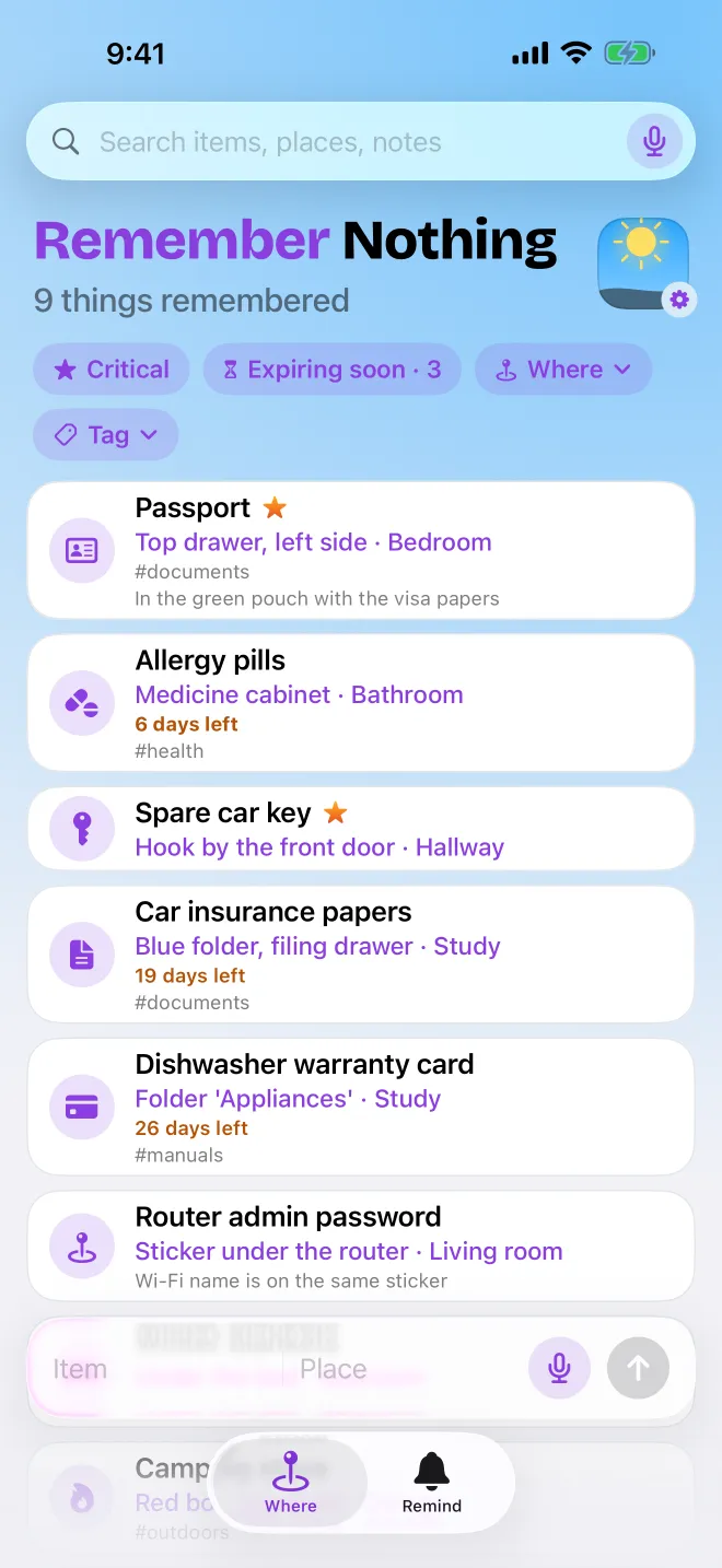 The Where list: items such as Passport, Allergy pills and Spare car key, each with its place, tags and an expiry badge.