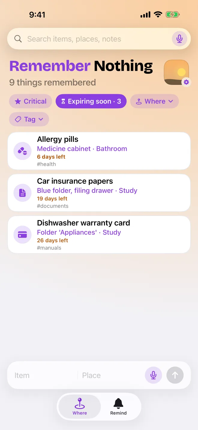 The Expiring soon filter showing three items with days left.