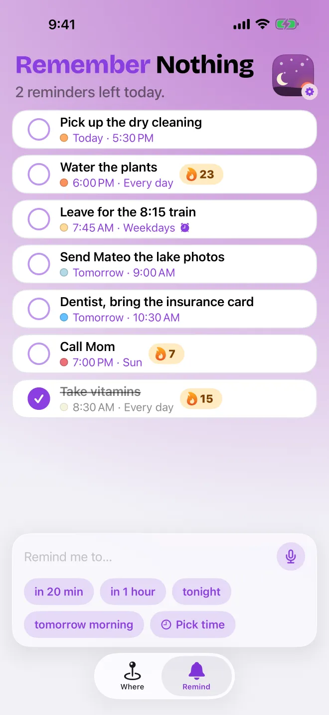 The Remind list with repeats, an alarm and streak flames.