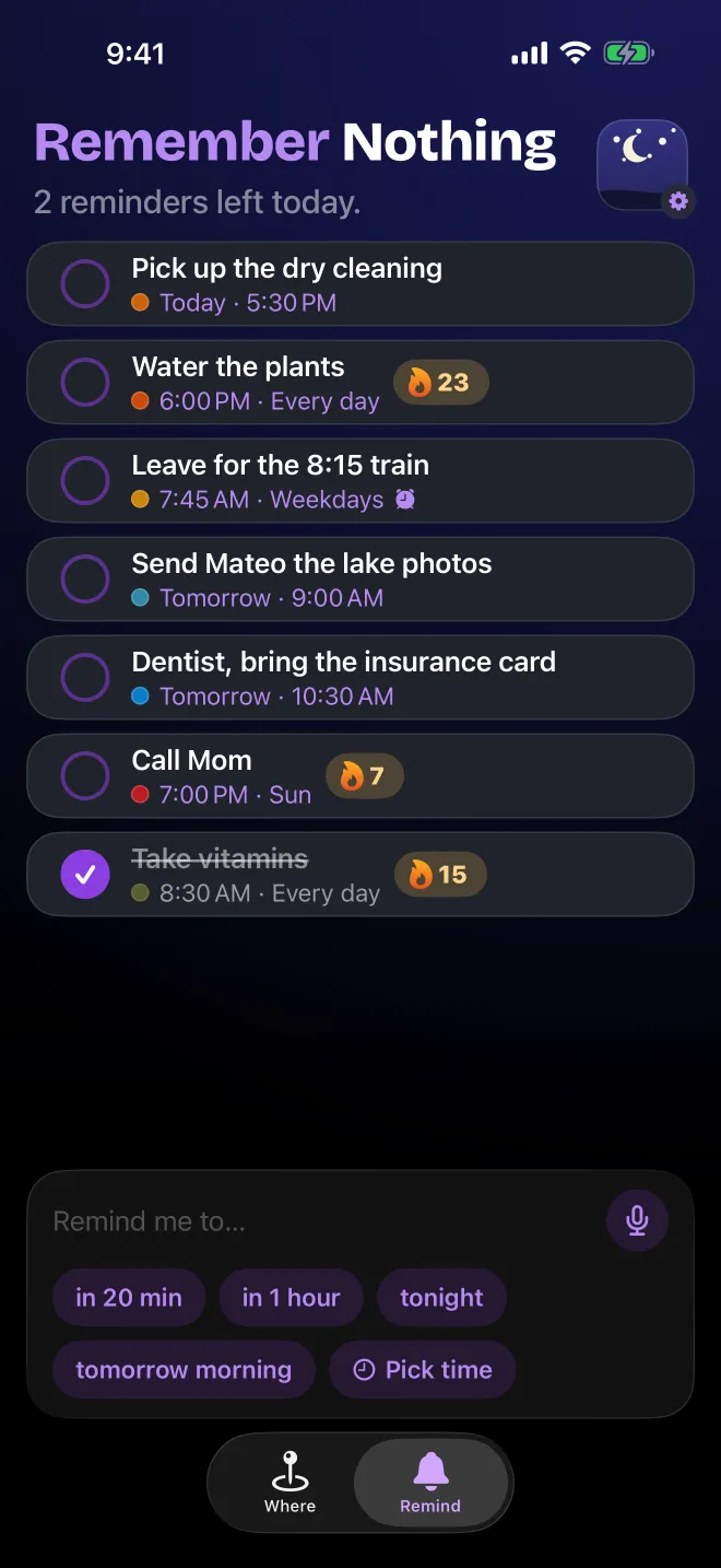 The Remind list in dark mode.